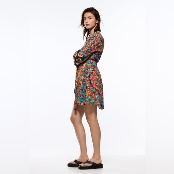 Zara Multicolor Paisley Boho Fit & Flare Long Sleeves Mini dress with belt S - Picture 2 of 11